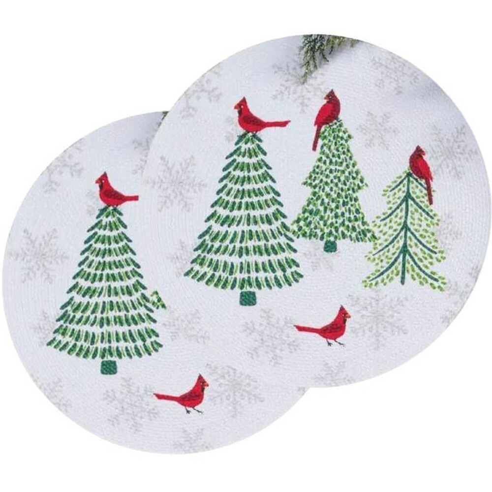 Set of 2 Same Round Braided Placemats (15") CHRISTMAS TREES & CARDINAL BIRDS,KDD
